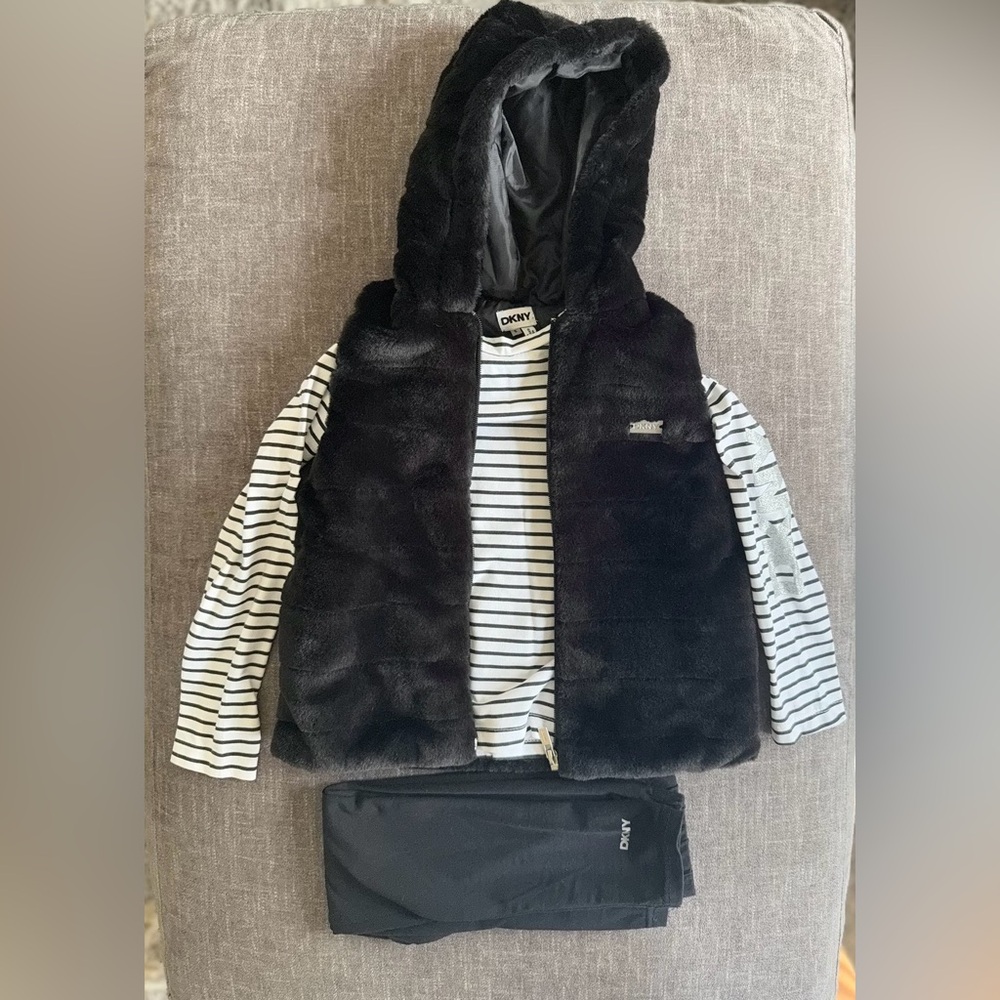 DKNY Kids Matching Set: Black Faux Fur Vest, long sleeved shirt, leggings.